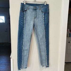 Hayden Two-Tone Blue Frayed-Trim Skinny Jeans